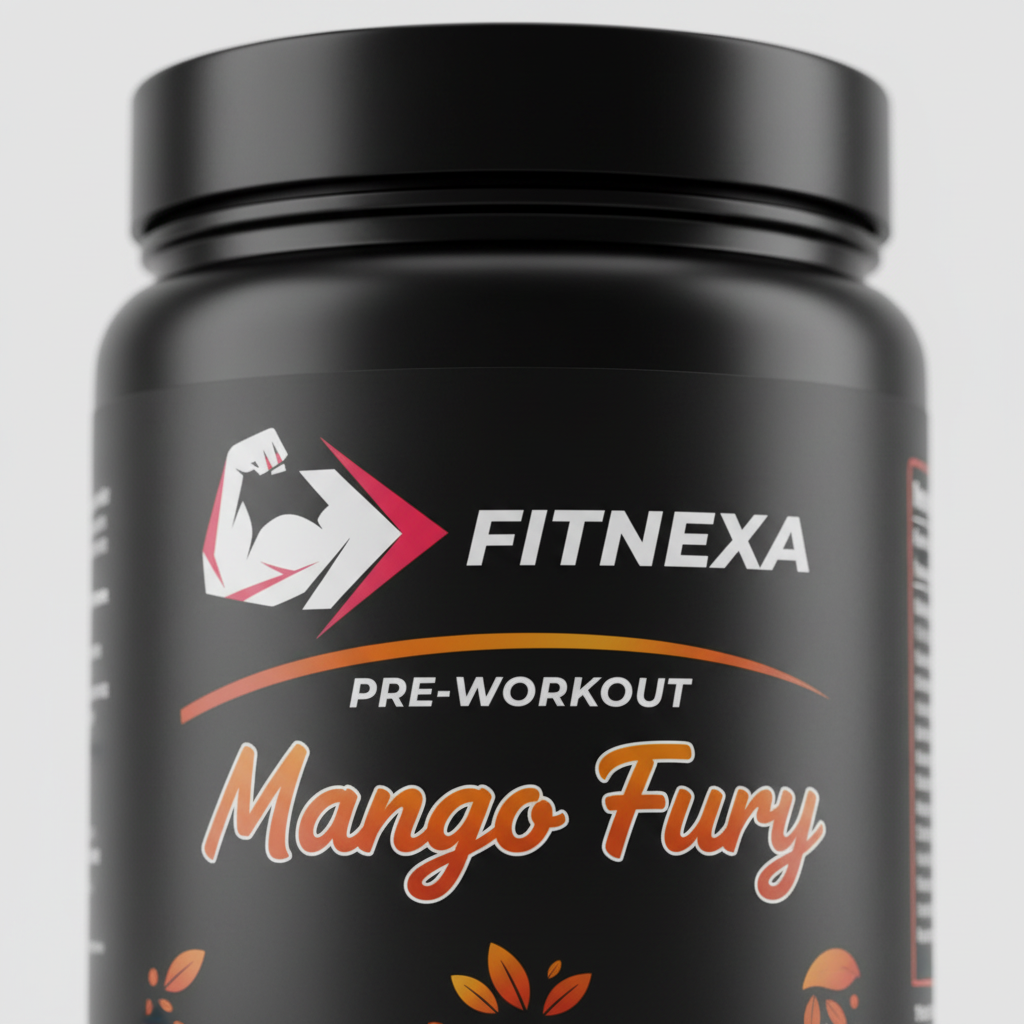 FITNEXA Mango Fury Pre-Workout – Close-Up Logo & Label