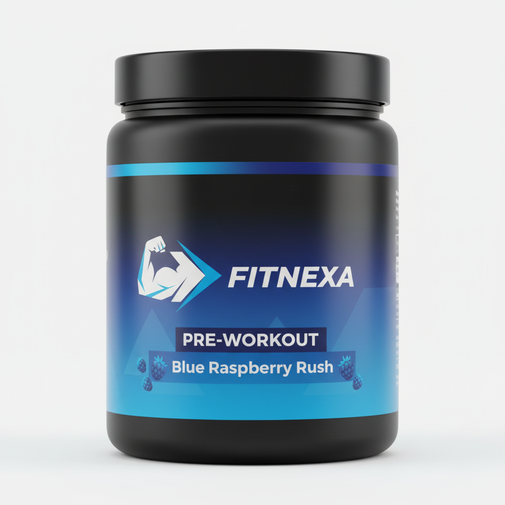 FITNEXA Blue Raspberry Rush Pre-Workout – Close-Up Logo & Label