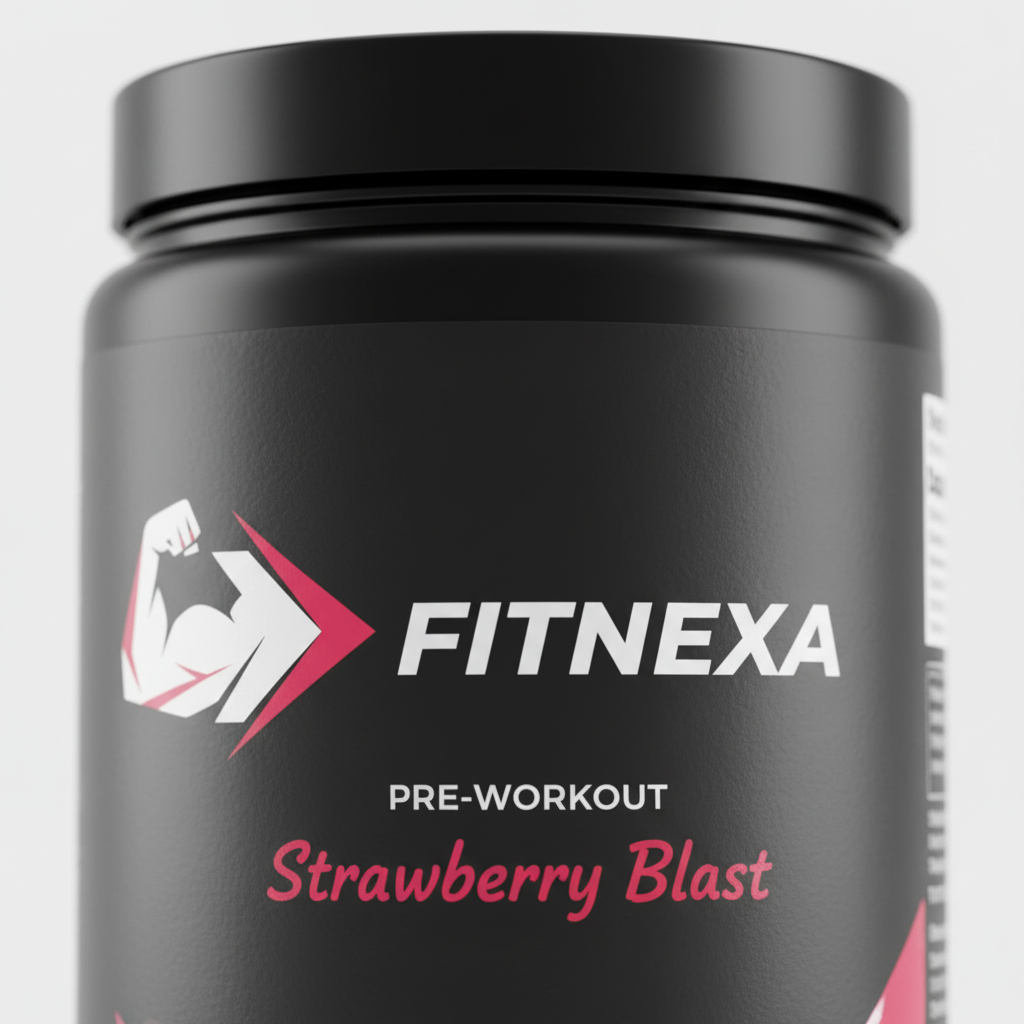 FITNEXA Strawberry Blast Pre-Workout – Close-Up Logo & Label