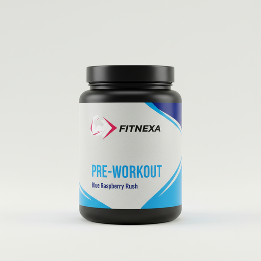 FITNEXA Blue Raspberry Rush Pre-Workout – Side View